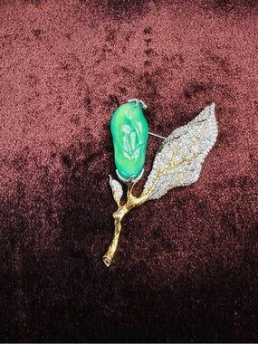 Green Chalcedony and Crystal Leaf Brooch - Gold Tone Branch